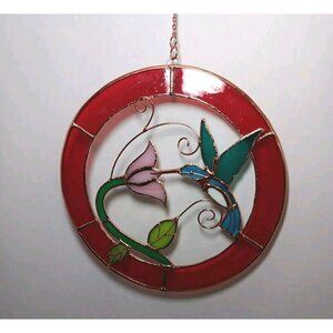 Stained Glass Small Hummingbird Red Circle Frame Window Panel